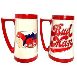 Set of TWO Bud Man Vintage Beer Mugs Superhero Thermos and Eagle Red and White
